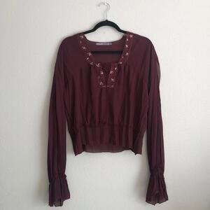 ✨SOLD✨ Haley Bob Medium Burgundy Embroidered Ruffle Long Sleeve Blouse